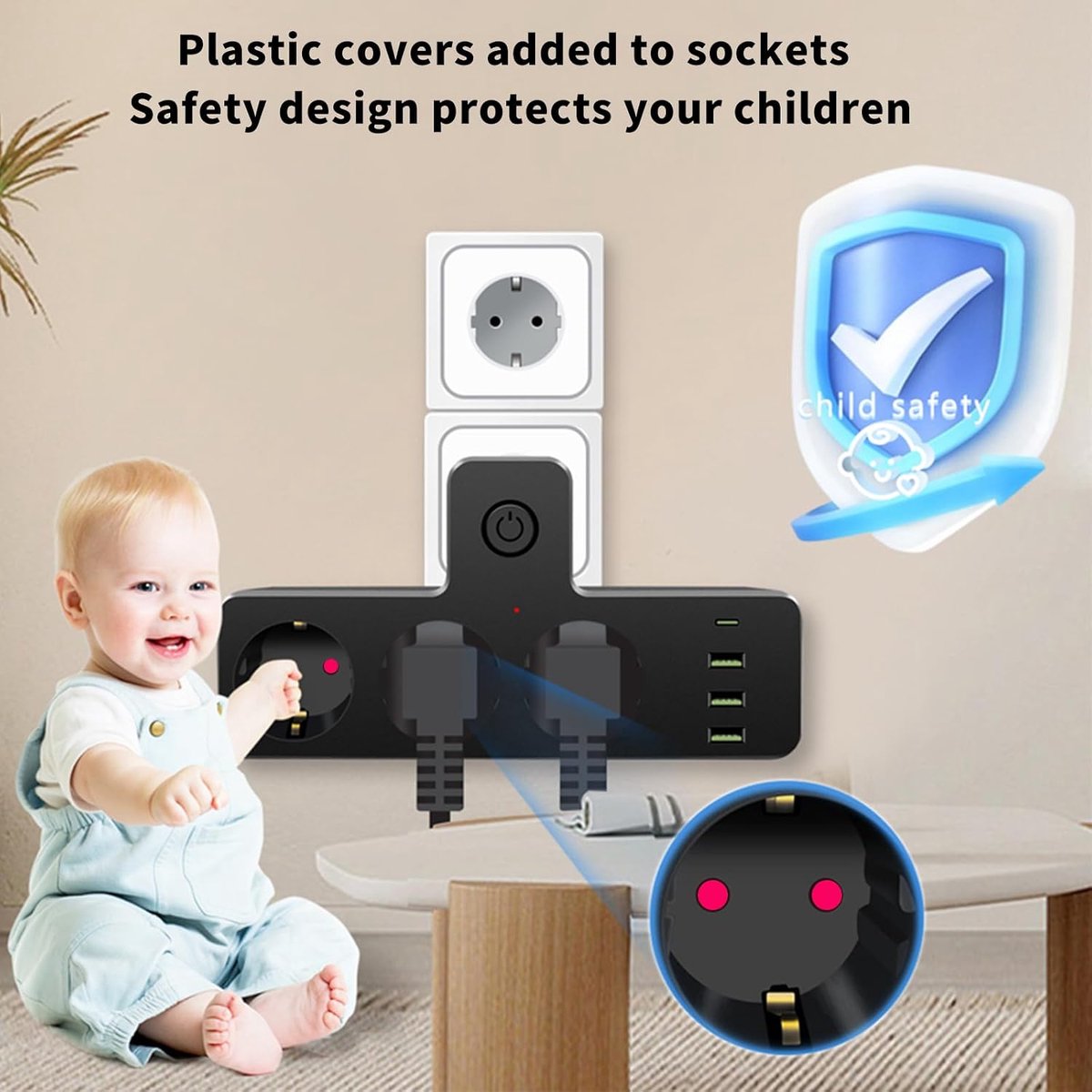 SnelShoppen - 3-Way Socket Strip met Overspanningsbeveiliging, 4 USB Poorten, 2 Houder, Meerdere Stekkerdozen voor Thuis, Kantoor, Camping, Keuken, Fe