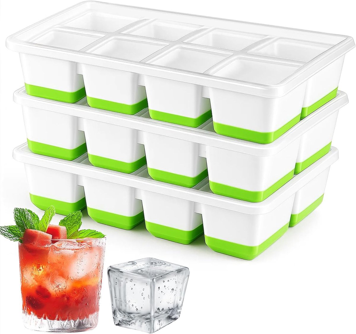 Thijox - 3-Pack IJsblokjesvorm met Deksel - Stapelbare BPA-vrije Siliconen IJsbakken voor Grote IJsblokjes - 4,5 cm Vierkante IJsblokjes voor Cocktail