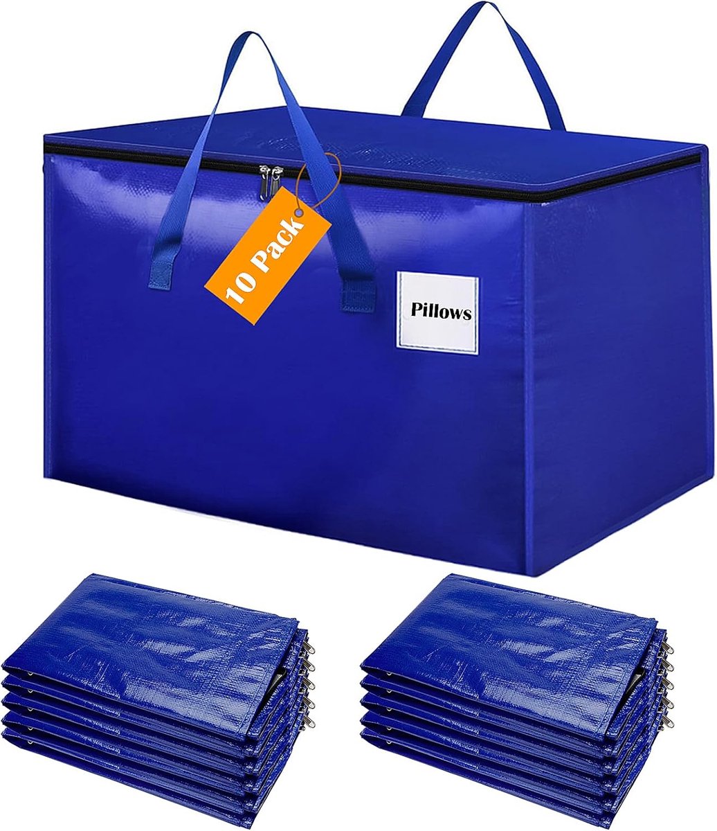 SnelShoppen - 10x 100L Grote Woven Opbergzakken Waterdicht met Rits en Handvat - Alternatief voor Verhuisdozen - Vouwbare Opbergtassen voor Kleding, D