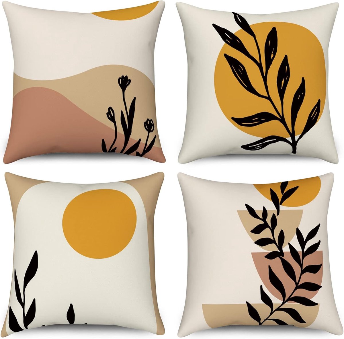 SnelShoppen - Boho Kussenhoezen Set van 4 - 45x45 cm Abstracte Bladeren en Bergen - Minimalistisch Geometrisch Modern Aesthetic Linnen - Decoratieve K