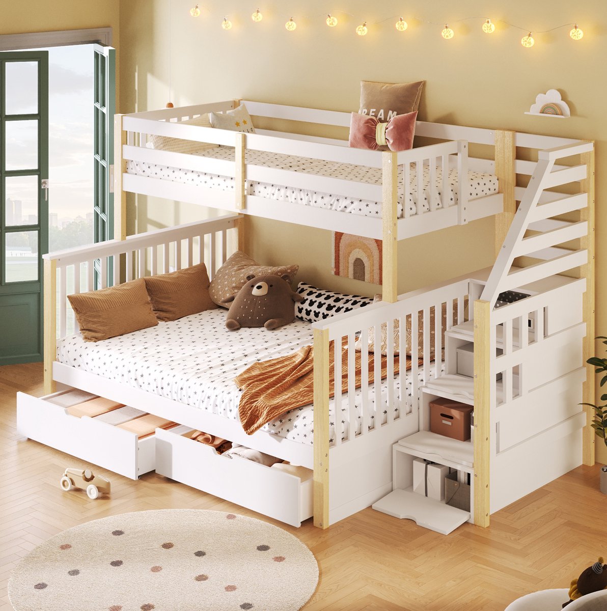 COVREO Stapelbed 90 x 200 / 140 x 200 cm - met lades, opbergruimte en ladder, wit/natuur