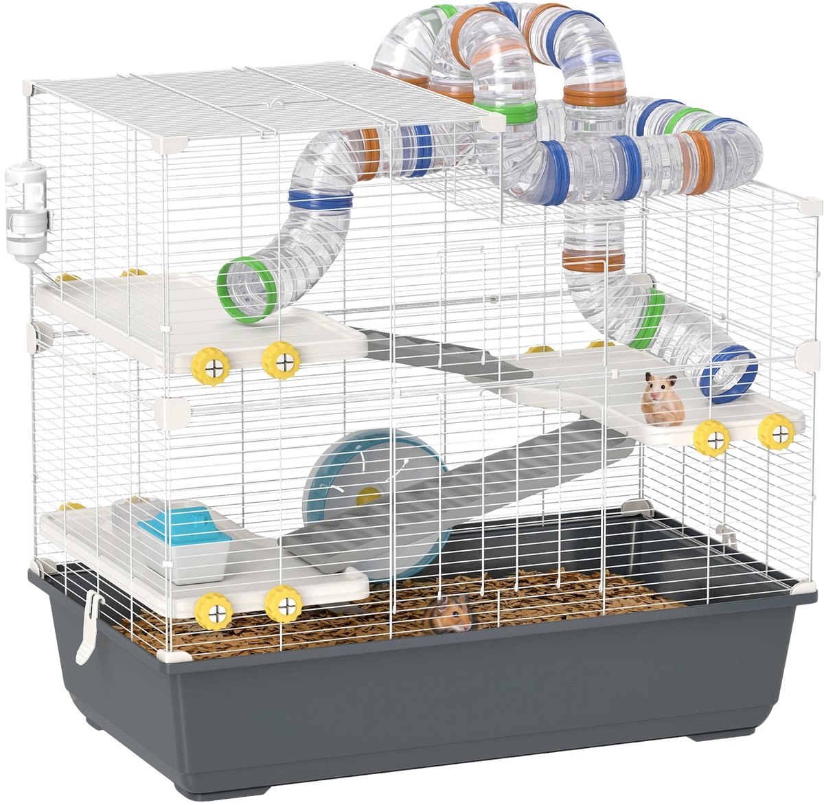 Hamsterkooi 4 Verdiepingen – Met Renrad, Voerbak, Tunnel & Huisje – Wit/Grijs