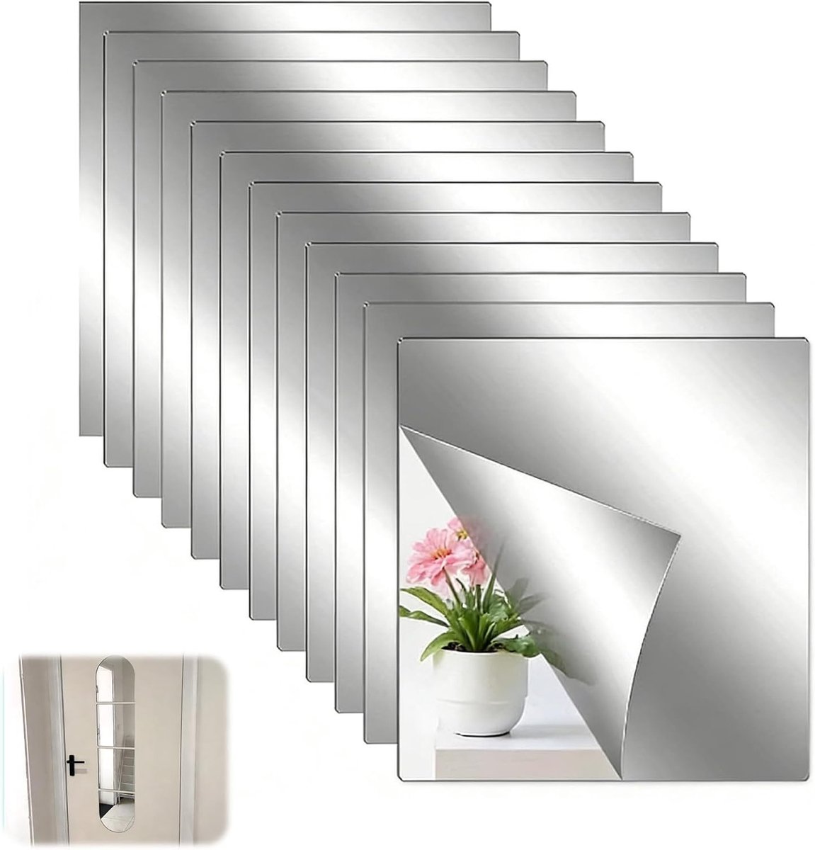 Set van 12 Zelfklevende Wandspiegels, 20 x 20 cm, Flexibele Decoratie Stickers voor Badkamer, Slaapkamer en Woonkamer