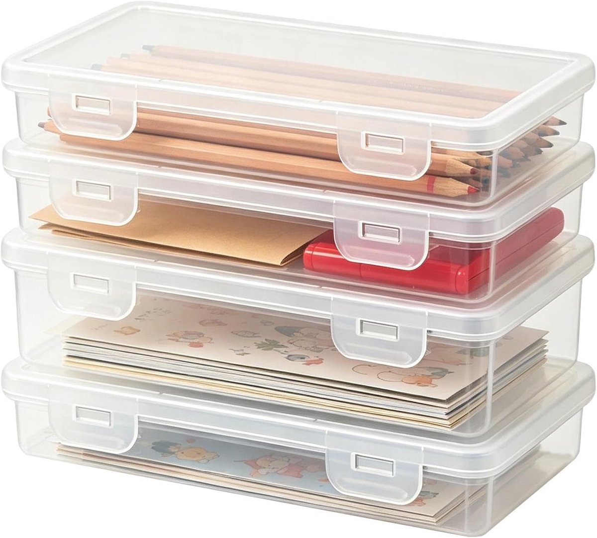 VHV Pennendoos Set - 4 Transparante Stapelbare Etuis 19 x 9,5 x 3 cm - Voor School, Kunst en Bureau-organisatie