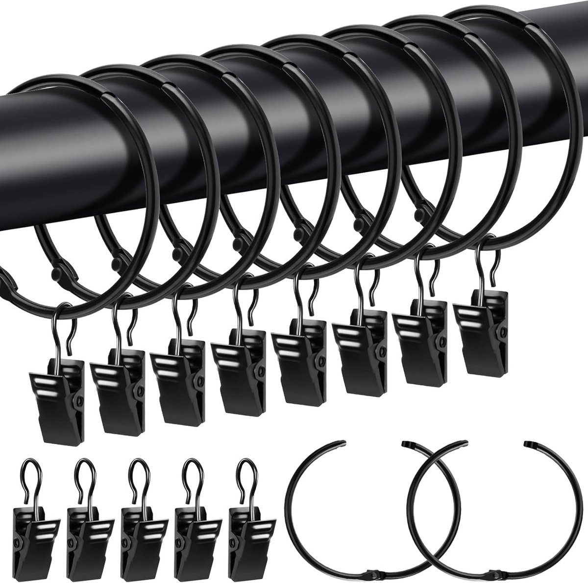 SnelShoppen - 20 Stuks Gordijnringen met Clips, Metalen Gordijn Ringen voor Openingen, 50mm Binnen Diameter, Ideaal voor Gordijnen, Douchegordijnen en