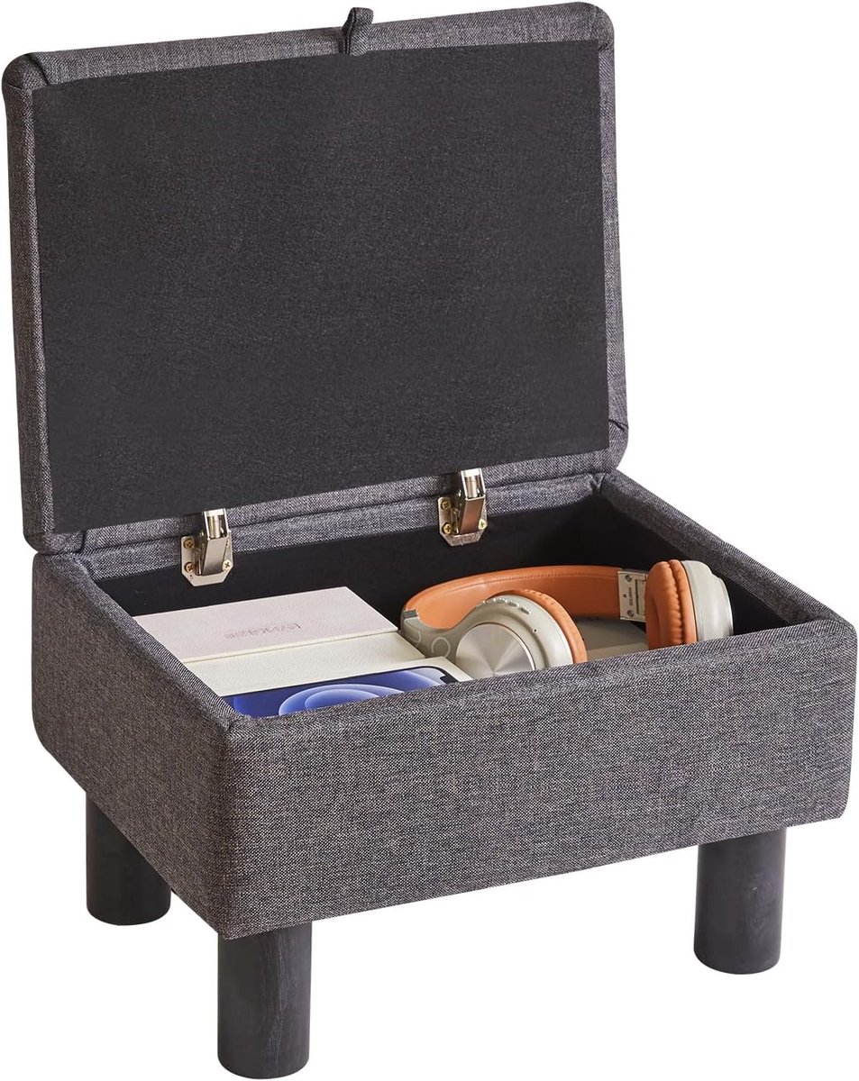 SnelShoppen - Kleine Opberg Pouf Donkergrijs - Stof Voetenbank met Houten Poten - Zachte Zitstoel voor Woonkamer en Slaapkamer - Multifunctioneel en S