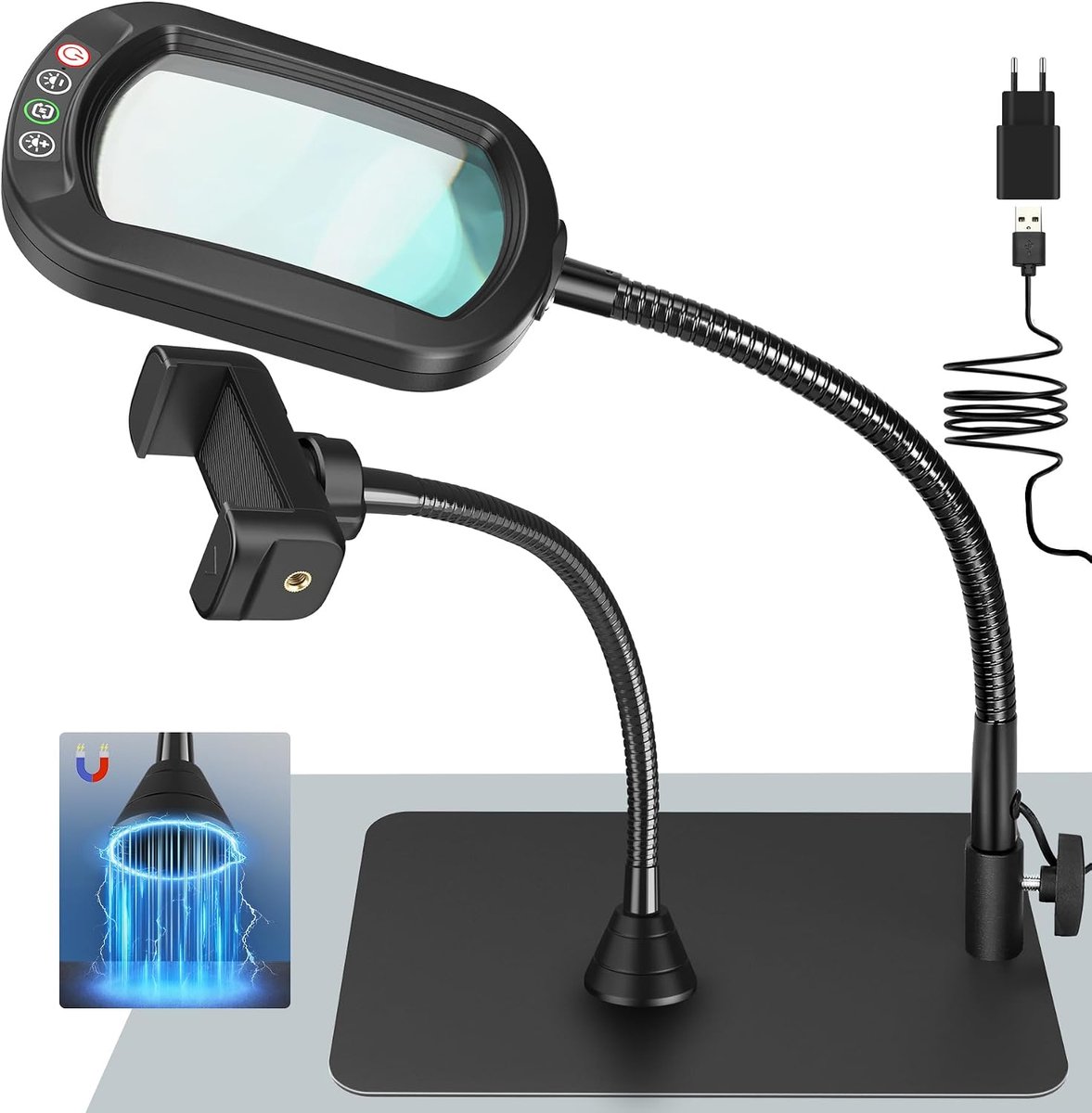 SnelShoppen - 10X Vergrootglas met Licht en Stand, Echt Glas Magnifier met Telefoonhouder, 5 Kleuren Modi en Stepless Dimmable, Gooseneck LED Bureau L