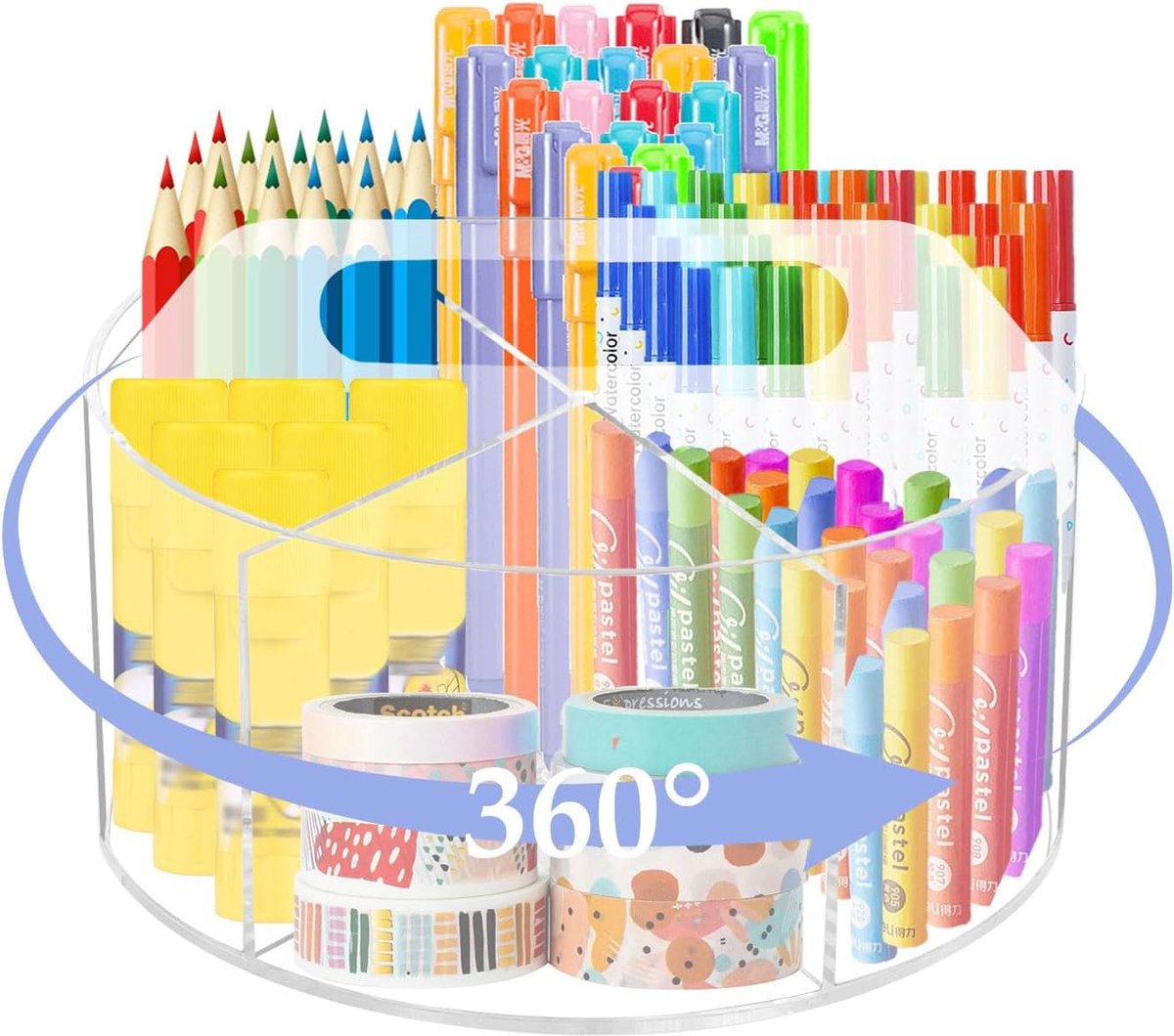 SnelShoppen - 360° Rotating Acrylic Pen Organizer met 6 Compartimenten, Multifunctionele Desk Organizer met Draaghandvat, Perfect voor Kantoor, Kunstb