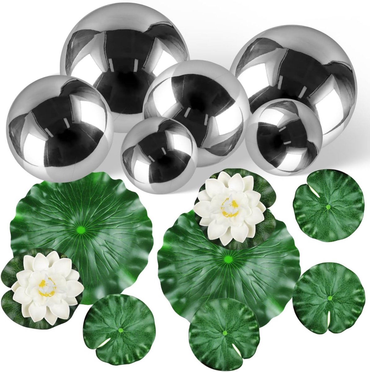 SnelShoppen - Mini Vijver Decoratie Set van 12 - 6 Drijvende Zwembollen in Diverse Maten + 6 Kunststof Lotusbladeren + 2 Waterlelies voor Tuin Pond