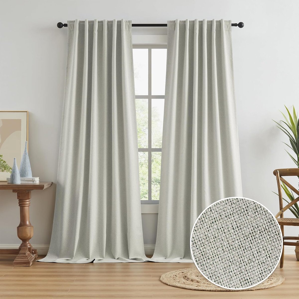 SnelShoppen - Set van 2 Zijden Zwarte Linnen Gordijnen 50 x 126 Inch, Thermisch Isolerend, Donkergrijs Beige, Voor Woonkamer, Patio, Met Haakband en V