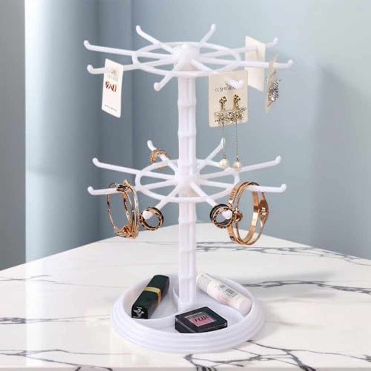SnelShoppen - Rotating Jewellery Stand voor Sleutelhangers, Kettingen, Armbanden, Ringen en Hangers - Duurzaam Plastic, 16 Haakjes, 360 Graden Draaien