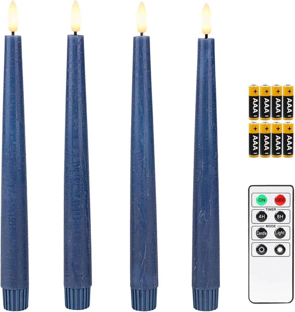 SnelShoppen - Fanna 4 Flameless LED Kaarsen in Echte Was, Batterij Aangedreven Donkerblauwe Rustieke Metallic Taper Kaarsen met Timer en Afstandsbedie