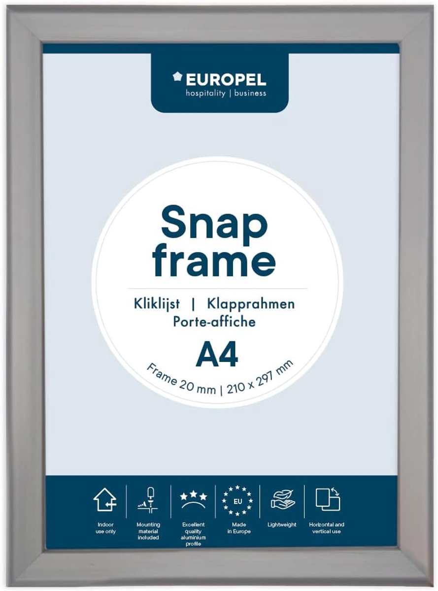 SnelShoppen - OPUS 2 Click Frame A4 - 20 mm - Anodized Aluminium - Anti-reflective Film - Poster Houder - Display voor Retail - Inclusief Montage Mate