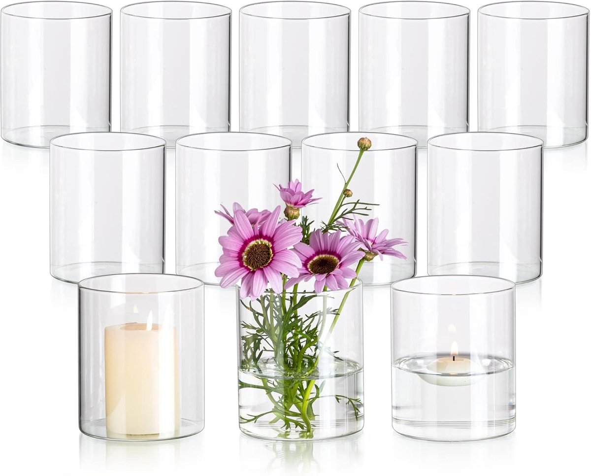SnelShoppen - Set van 12 Glazen Vazen voor Bloemen - Moderne Cylinder Vazen 10x8.5 cm - Decoratieve Hurricane Vazen voor Tafelstukken, Bruiloften en F