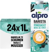 Alpro Barista kokosnoot drank, 1L pak met tropische bladeren en een kopje koffie met schuim. Makkelijk te schuimen.