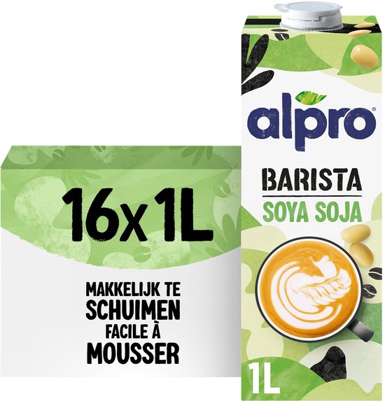 Alpro Barista Soja 1L pak met naast een doos van 16x1L. Bevat afbeelding van koffie met schuimkunst en sojabonen.