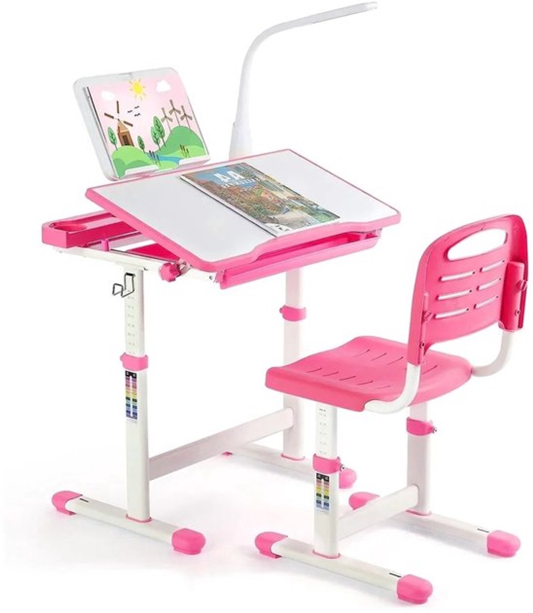 Ergonomisch Kinderbureau – Kinderbureau Met Stoel – Verstelbaar Bureau – LED Leeslamp – Ka