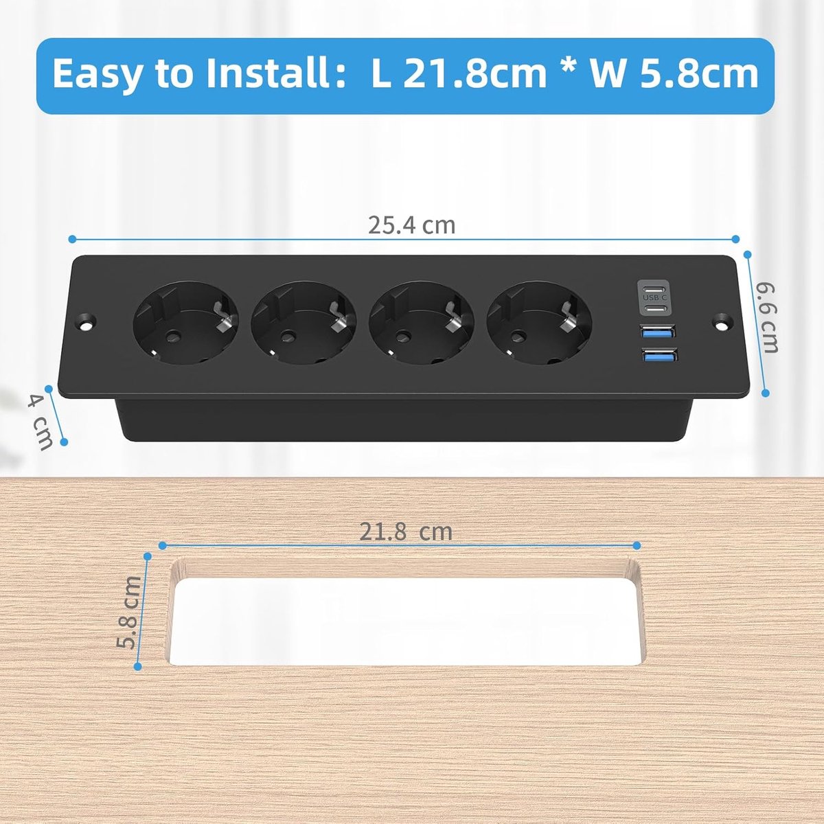 SnelShoppen - Recessed Socket met 2 USB-C en 2 USB-A Aansluitingen, 4-Weg Stopcontact met 2m Kabel, Ingebouwde Tafelstopcontact Voor Keuken, Thuis, Ka