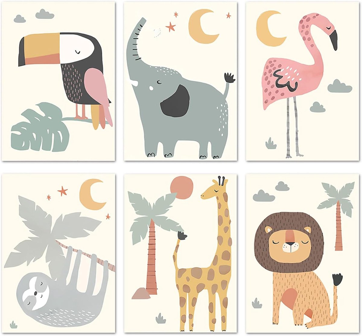 SnelShoppen - Set van 6 Kinderkamer Posters - Safari Dieren - Wanddecoratie Voor Kinderen - 20 x 30 cm - Geen Lijsten - Modern & Speels