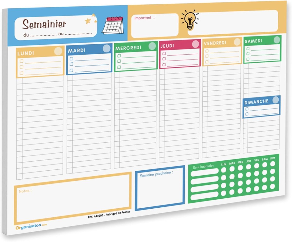 SnelShoppen - Weekplanner A4, 7 Dagen Notitieblok, Franse Organisatie, Tijdmanagement, Overzichtelijk, 3 Secties per Dag, Agenda voor het Jaar