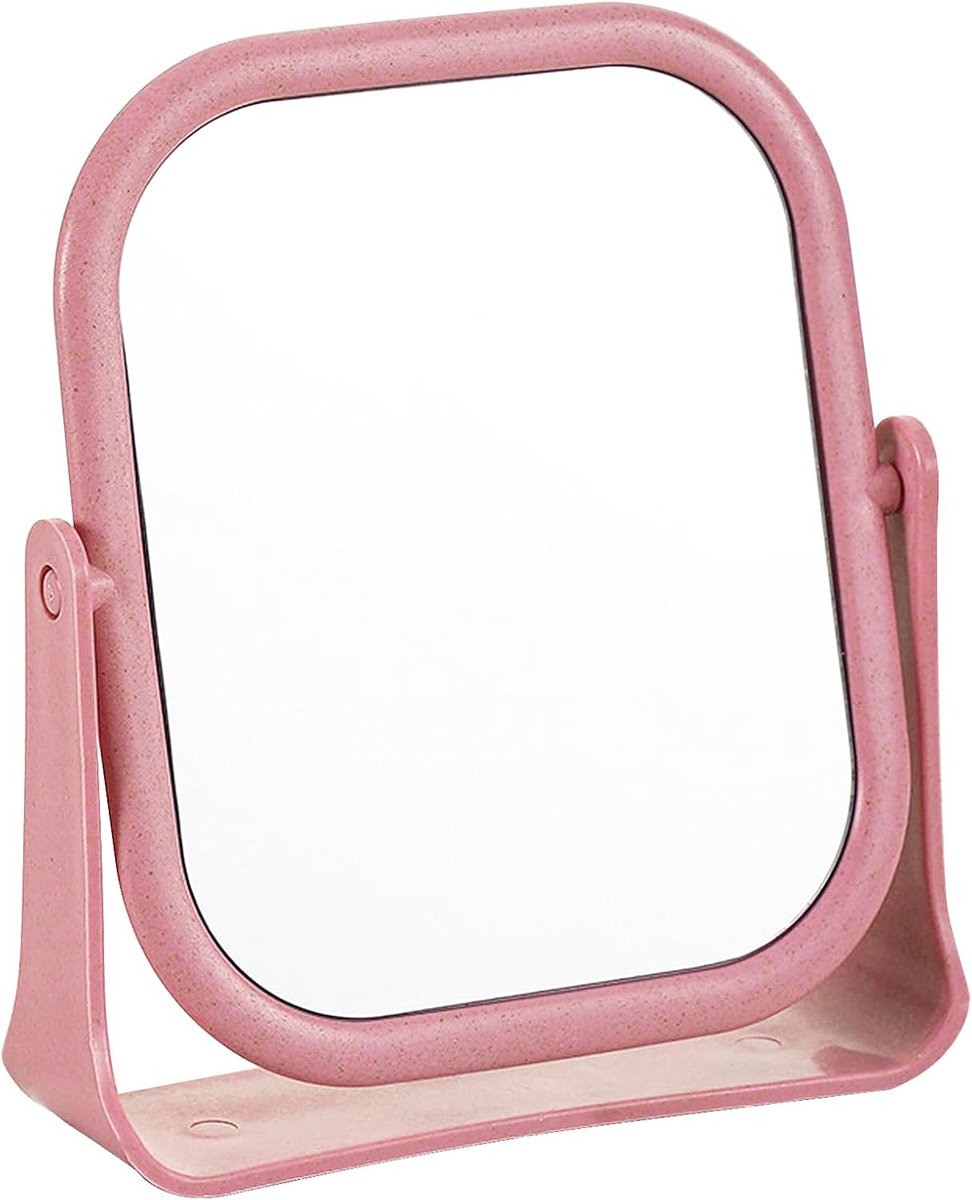 SnelShoppen - Makeup Mirror - Vierkant Staand Tafel Spiegel - 360° Rotatable - 19.5 x 16 cm - Perfect voor Make-up, Badkamer & Slaapkamer - Roze - Hoo