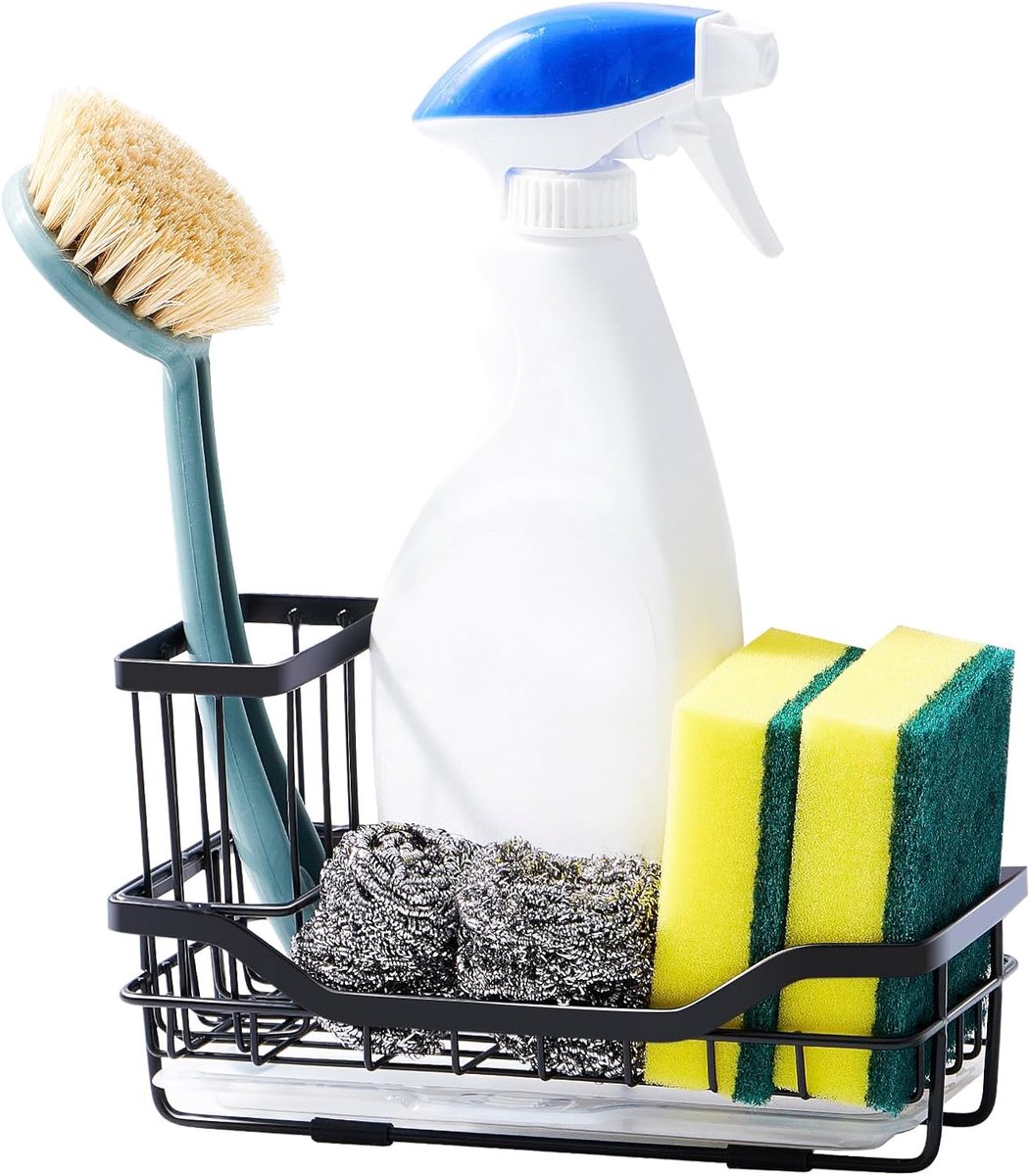 SnelShoppen - Sink Caddy Keuken Organizer met Verwijderbare Druipbak - Vaatwas Spons Houder voor Keuken Tidy - Zwart, 8.26x2.75x4.7 inch
