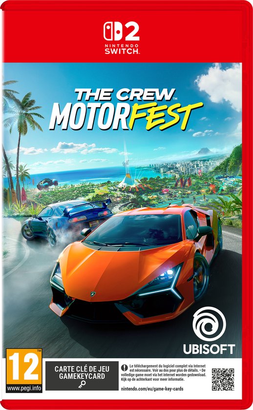 Hoes van Nintendo Switch-game The Crew Motorfest. Een oranje sportauto en blauwe sportwagen op een tropisch eiland.
