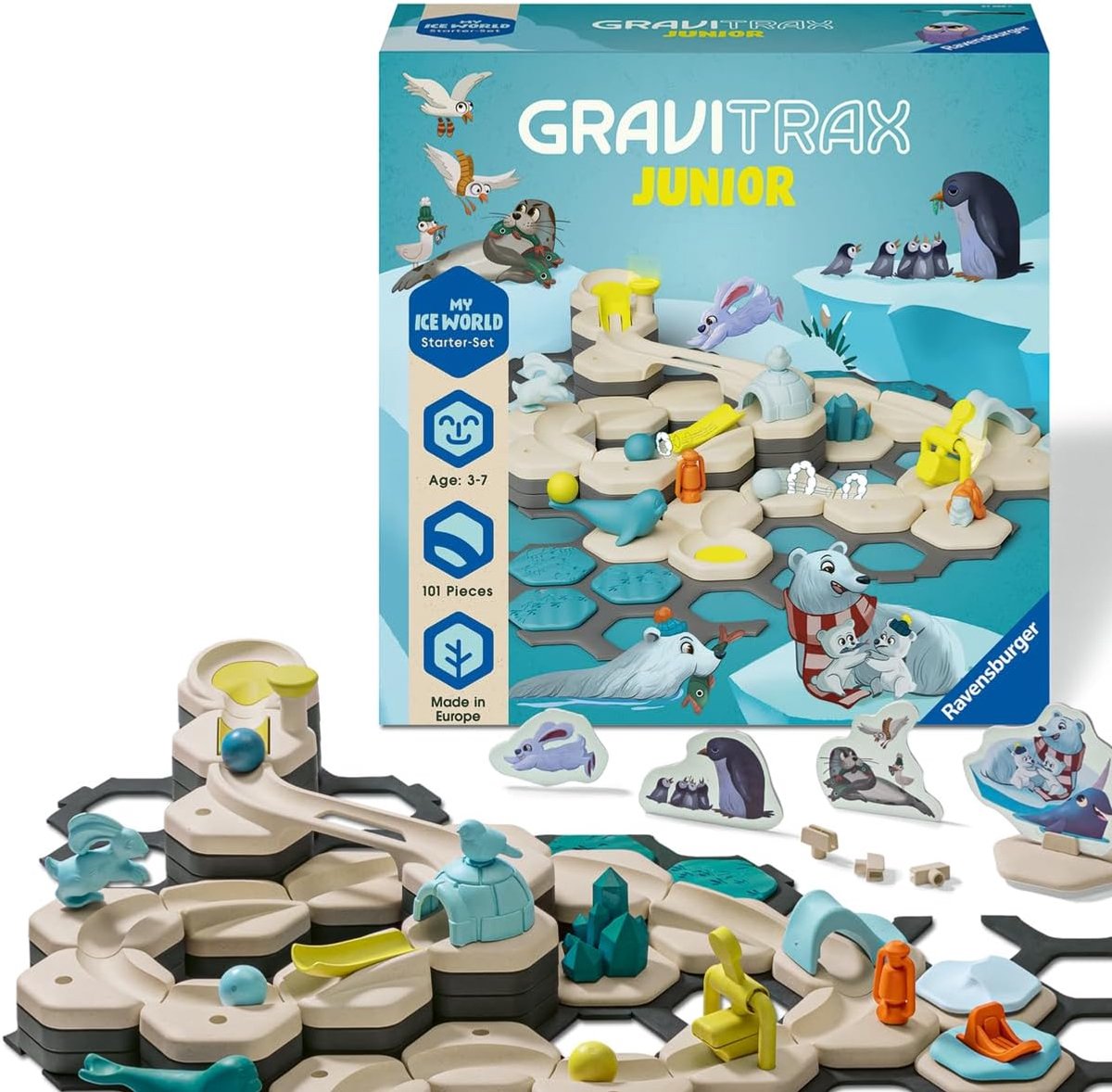 SnelShoppen - GraviTrax Junior Starter Set L Ice 27060 - Interactieve Knikkerspoorset van Duurzame Materialen voor Kinderen van 3 tot 7 Jaar - Creatie