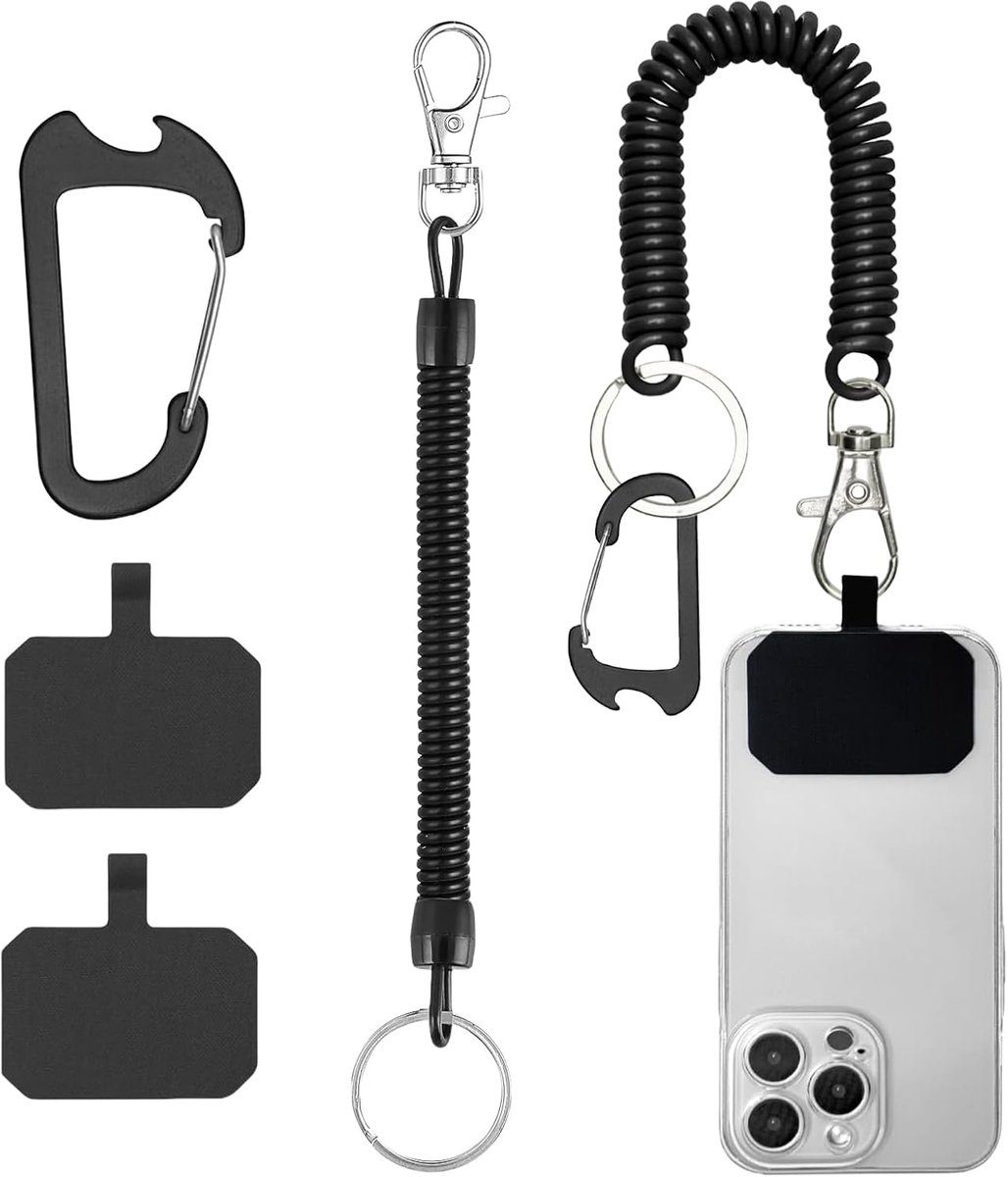 SnelShoppen - Zwart Mobiele Telefoon Springkoord Straps - Anti-Diefstal Mobiele Telefoon Tether Cord met Carabiner - Geschikt voor de Meeste Mobiele T