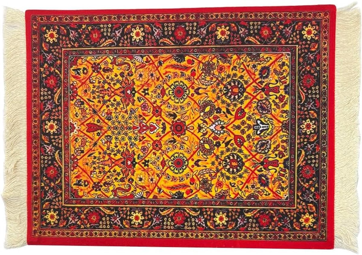 SnelShoppen - Creatieve Mini Tapijt Muismat met Oosters Tapijt Patroon - 28 x 18 cm - Rode Muismat met Katoenen Franjes - Desk Accessories voor Comput