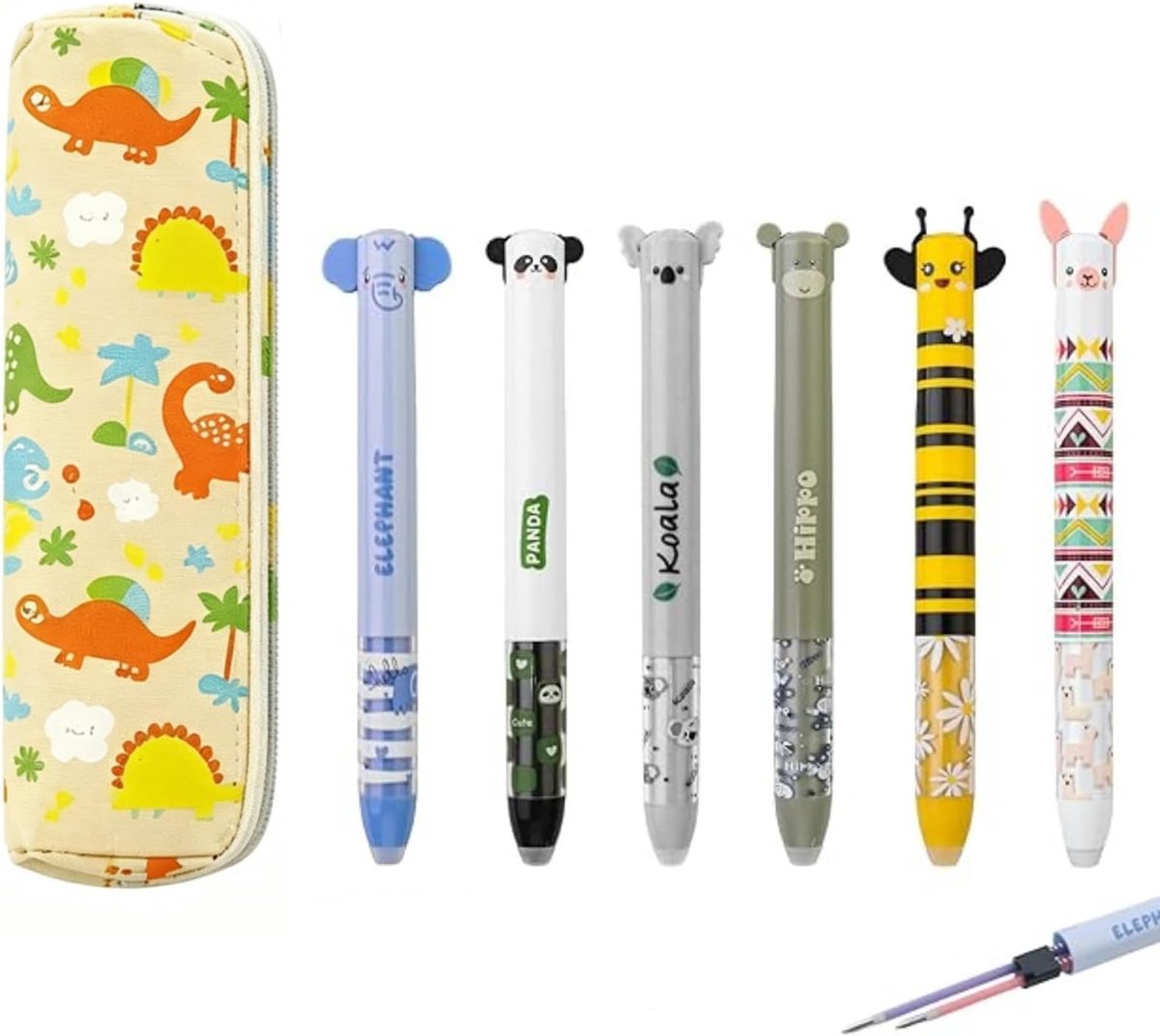 SnelShoppen - 6 Stuks Kinderen Veegbare Balpen 0.5mm Rood en Blauw met Dinosaurus Pen Case voor School, Kantoor, Creatief Schrijven