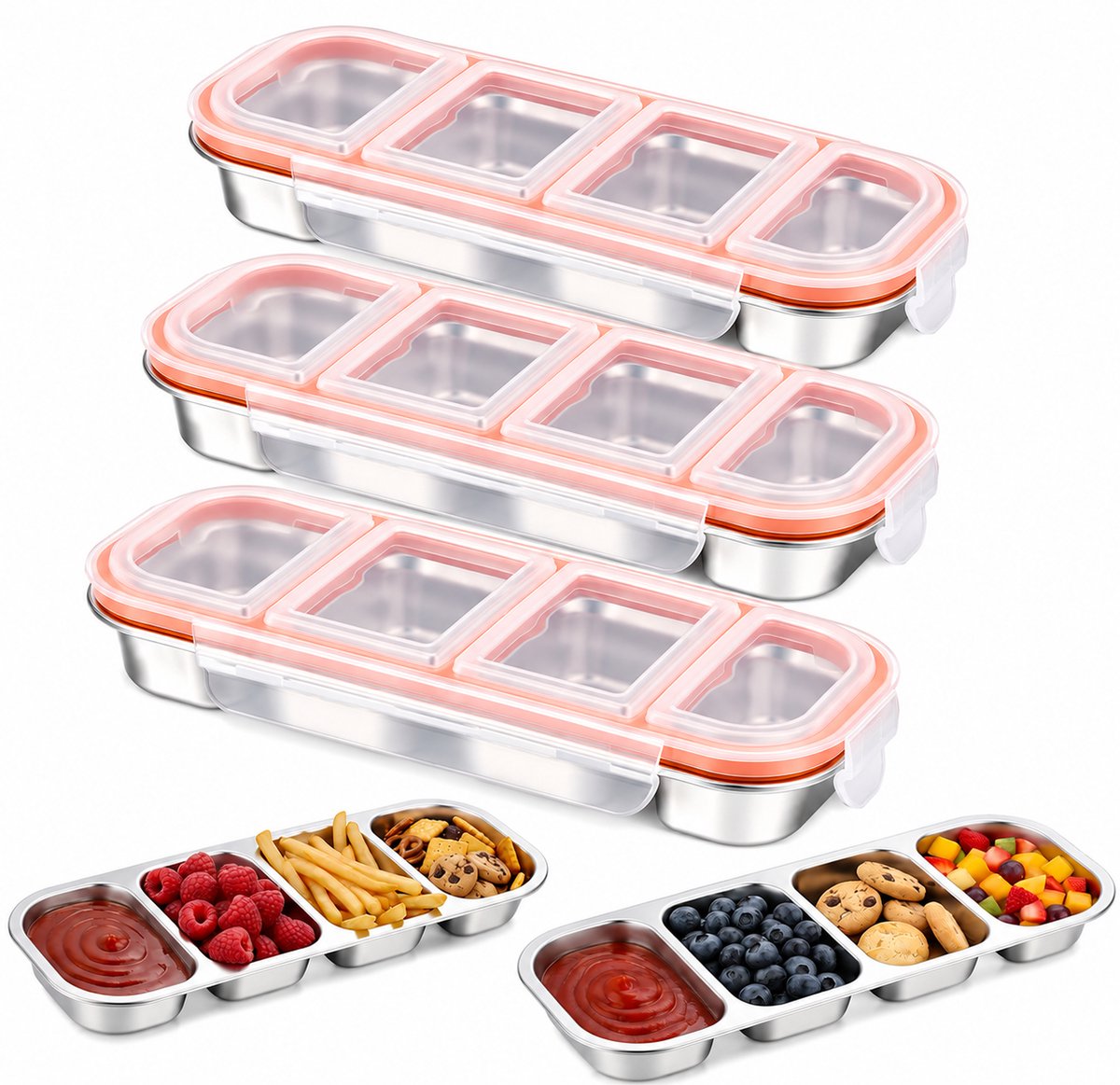 VHV - Lunchbox - RVS snackdoosjes met 4 vakken - Bento box - 500ml - Lekvrije deksels - Stapelbaar - Herbruikbaar - Voor school, kinderopvang, werk en meal prep - Set van 3 - Zilver