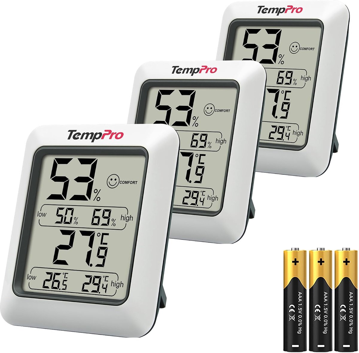 SnelShoppen - ThermoPro TP50 Digitale Thermohygrometer 3er Set - Nauwkeurige Binnen Thermometer en Hygrometer - Temperatuur -50°C tot 70°C, Vochtighei