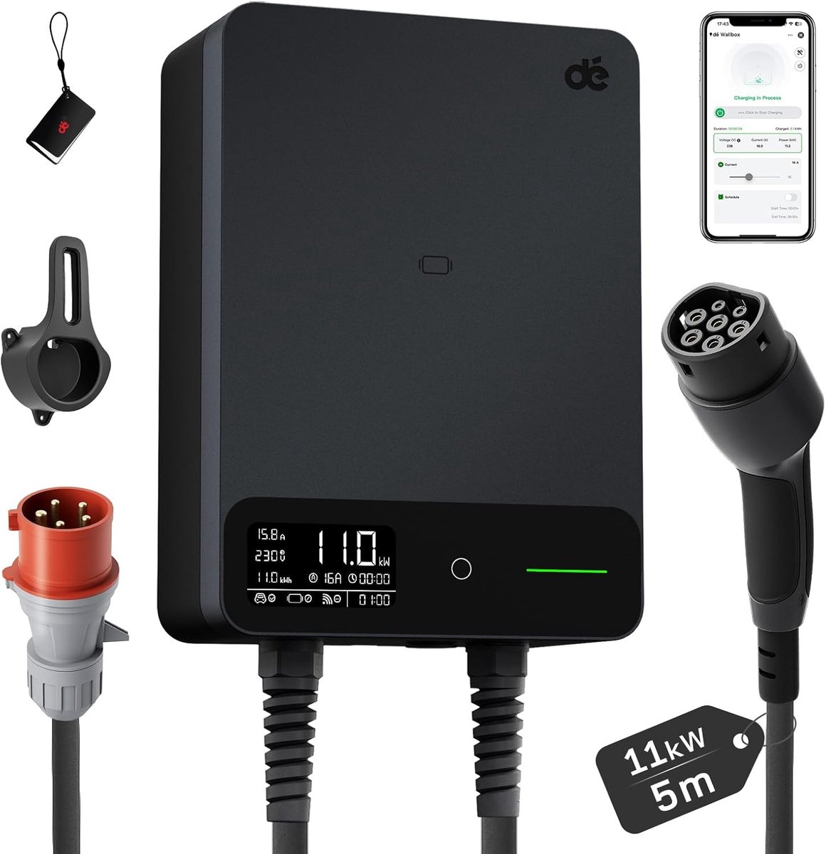 SnelShoppen - Wallbox 11kW EV Charger met APP en RFID, 3-fase, 6-16A, IP54 Bescherming, Zwart, Snellader voor BEV/PHEV, 5m Kabel