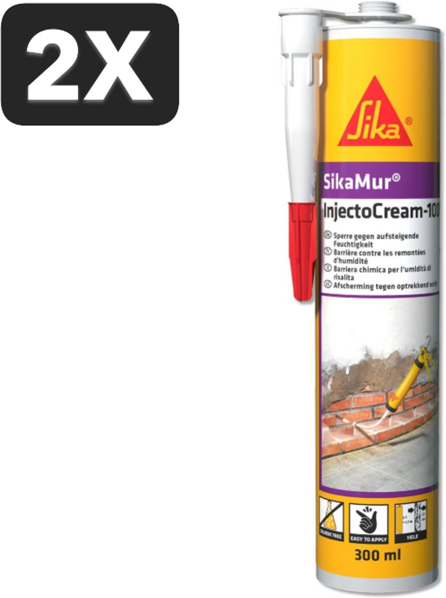 2 x Sika - SikaMur InjectoCream 100 injectiemortel / gatinjectiemortel – Wit – Voor het bestrijden van vocht in muren – Barrière tegen opstijgende luchtvochtigheid – Waterdicht – 300 ml
