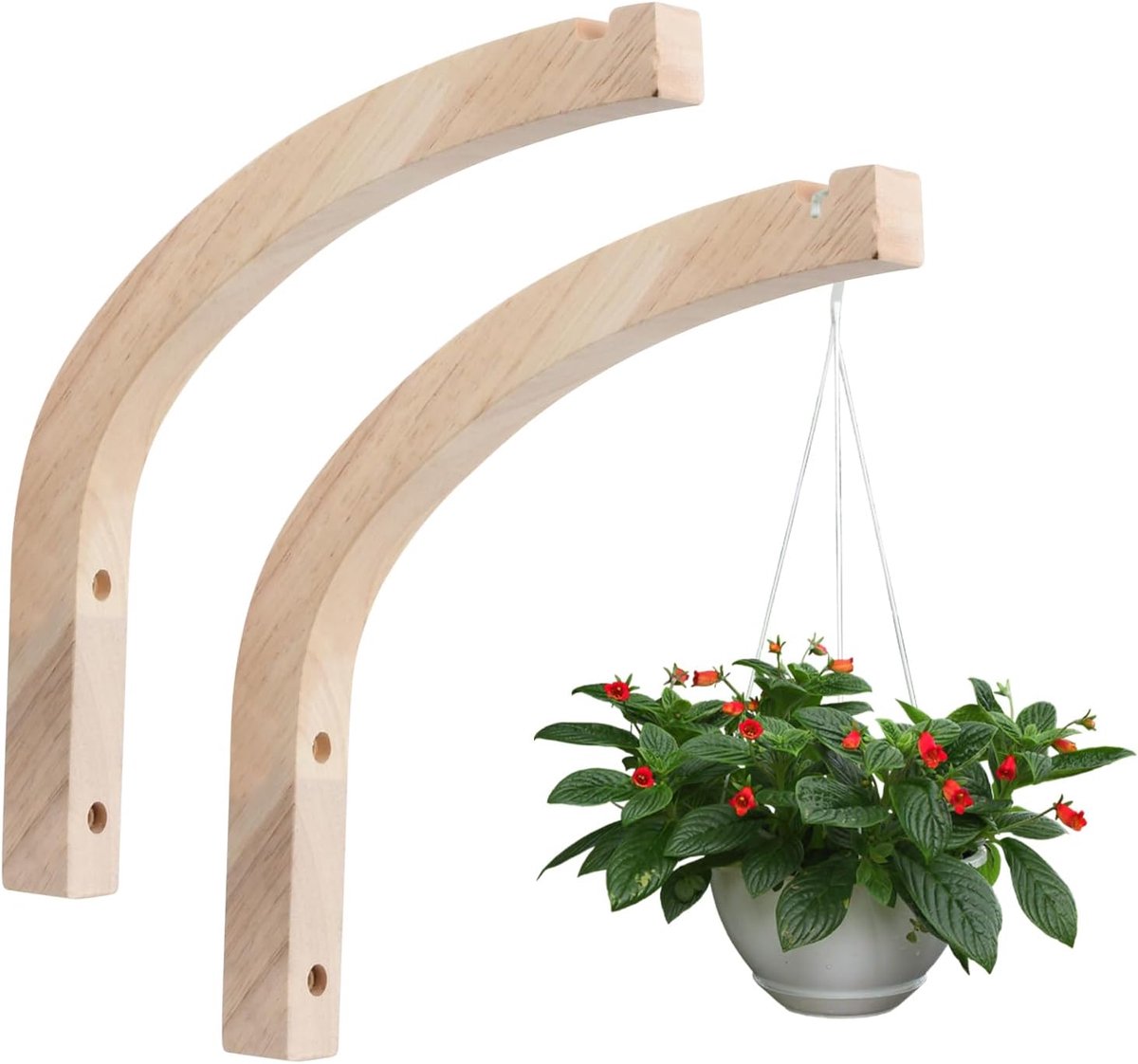 SnelShoppen - Houten Plantenhaken, Kledinghaken en Wandhaken voor Planten, Bloemen, Klokken – Inclusief Hangende Mand