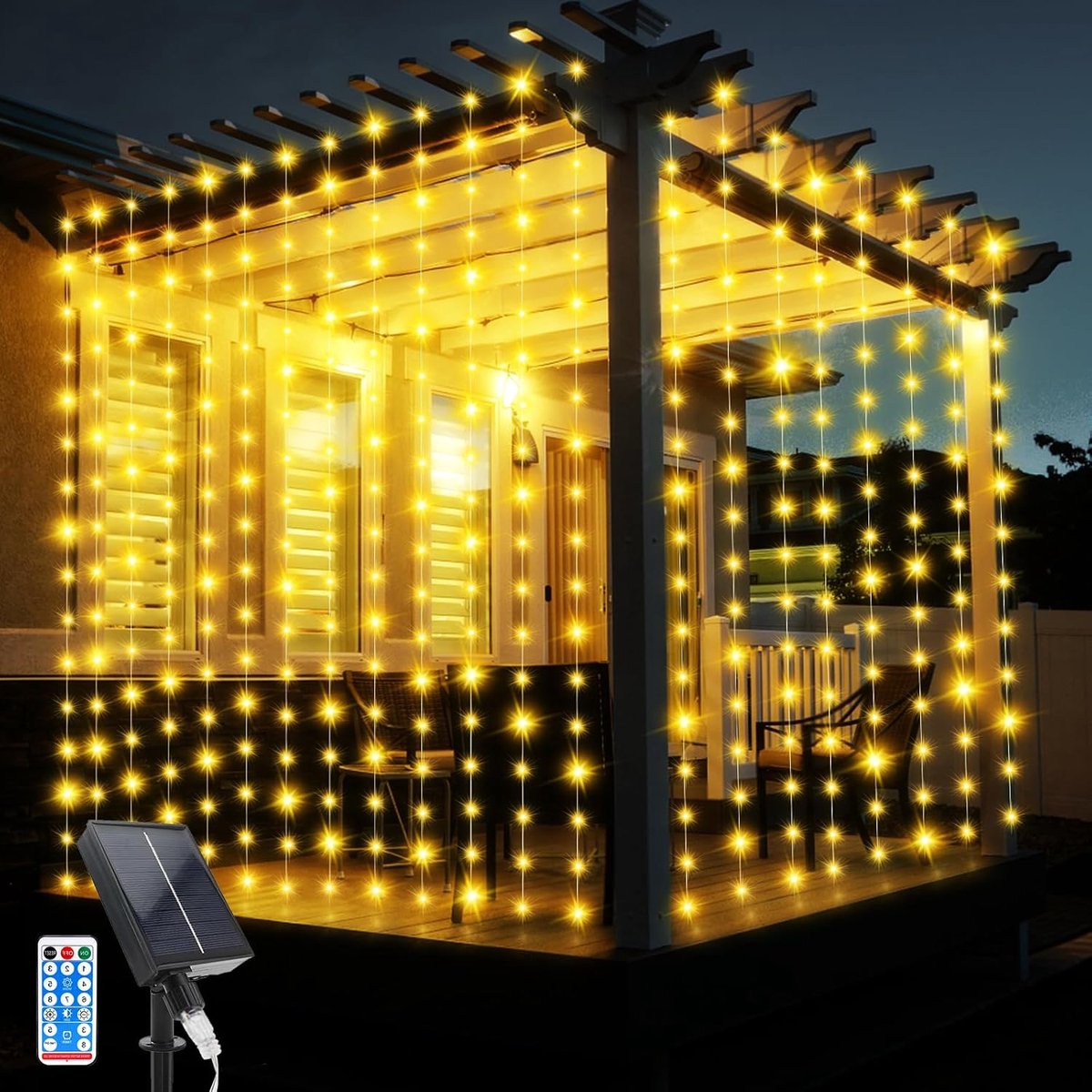SnelShoppen - Solar String Lights 3x3m - Waterdichte Gordijnverlichting met 300 LEDs - 10 Hangende Lichten - 8 Modus Verlichting - Tuinverlichting met