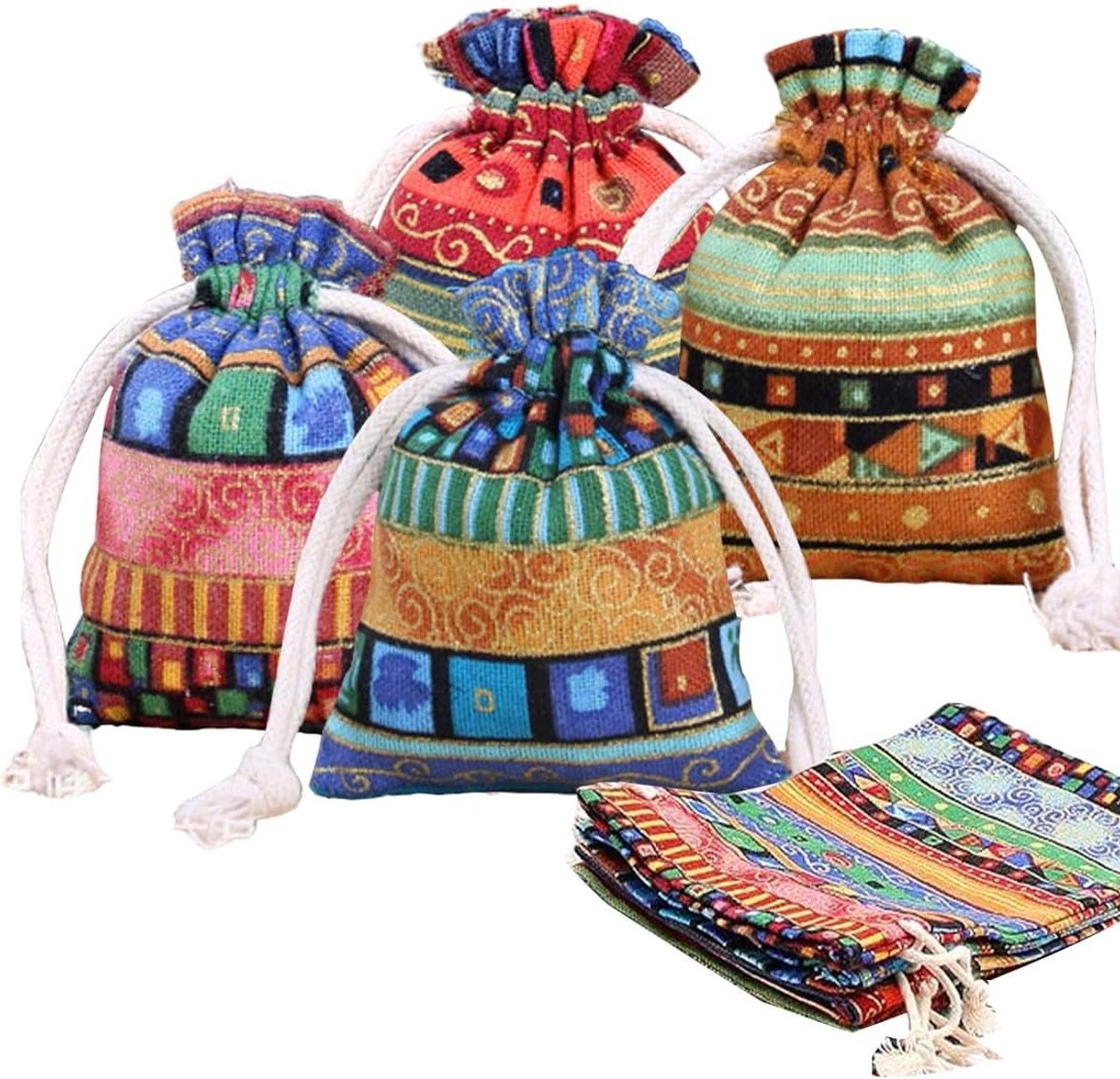 12 Herbruikbare Jute Linnen Tassen voor Munten en Sieraden, Etnische Stijl, Cadeautassen met Trekkoord