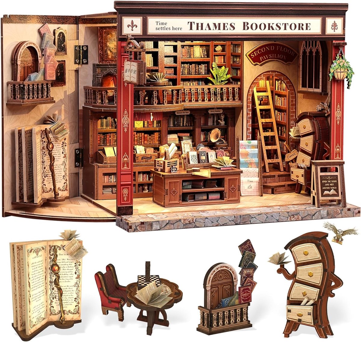 SnelShoppen - DIY Miniatuur Boek Nook Kit - Enchanted British Bookstore - Handgemaakt met LED Verlichting - Uniek Cadeau voor Volwassenen - Boekenkast