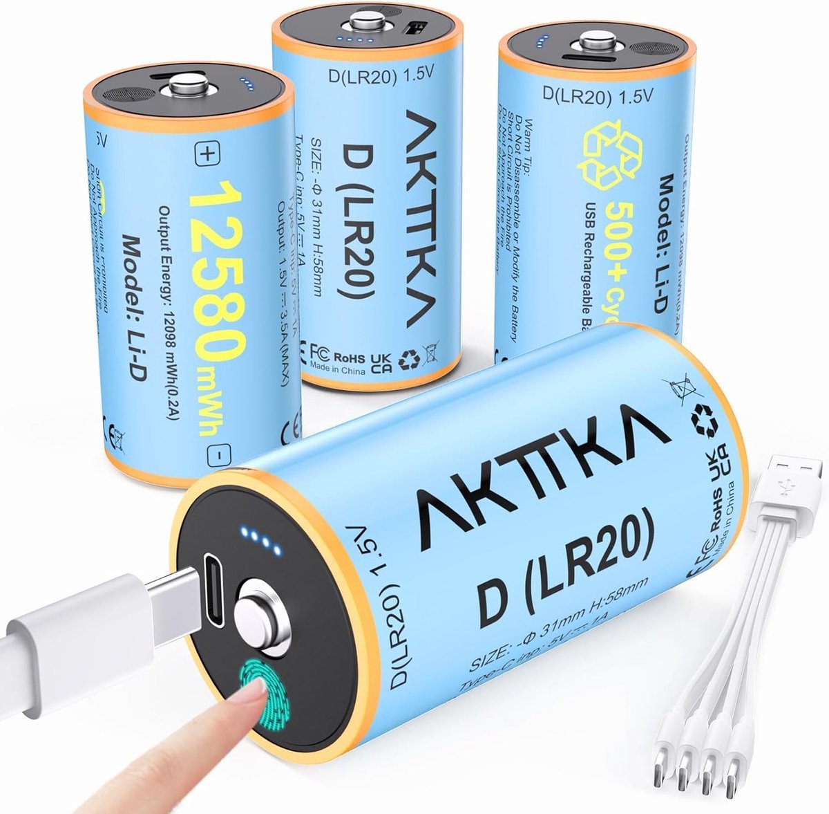 SnelShoppen - Oplaadbare Mono D Batterijen, 4 Stuks, 12580 mWh 1.5V Lithium-ion, USB-C Direct Laden, 4-in-1 Oplaadkabel, 500+ Cycles, Voor Camping, Ga