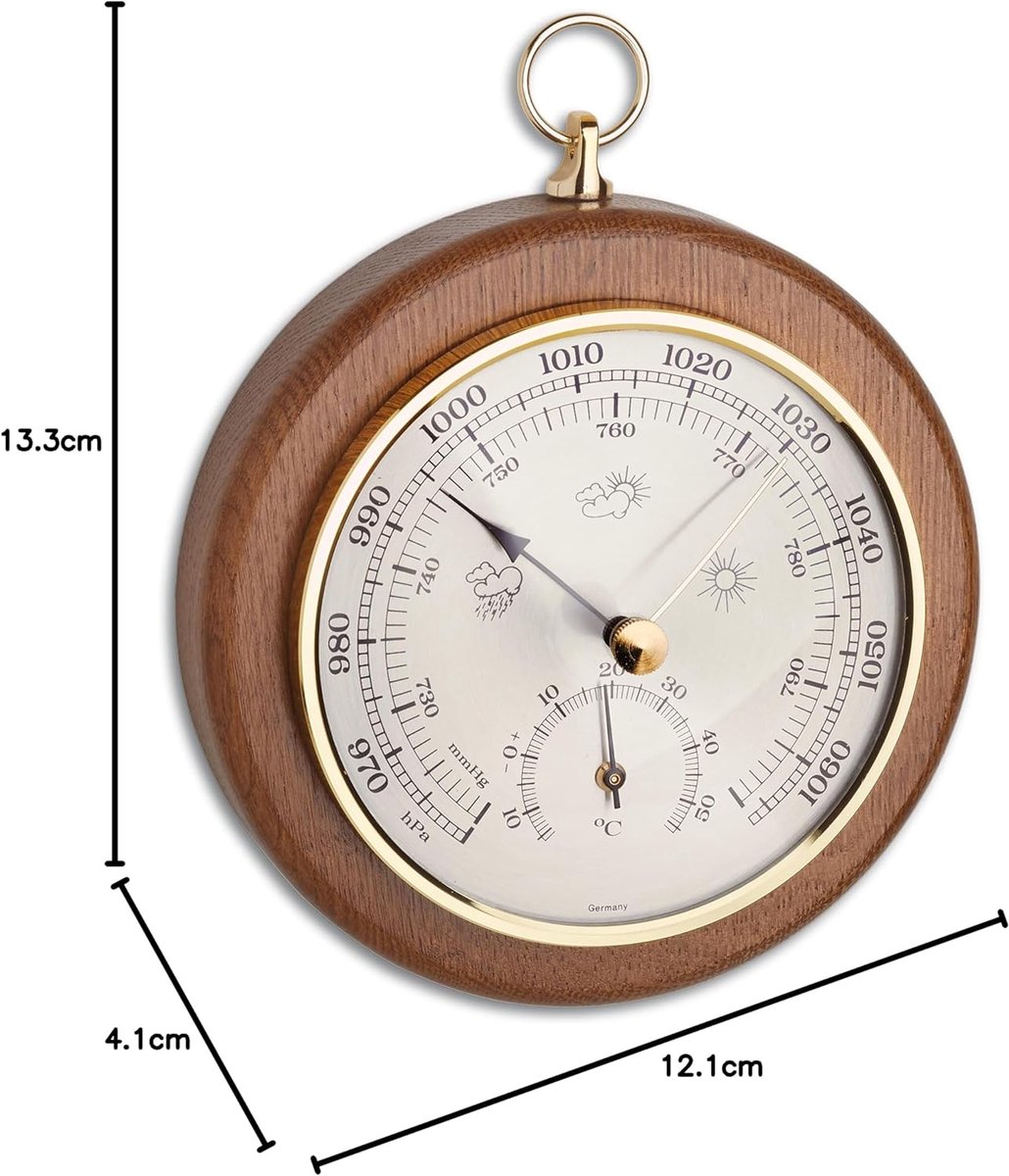 SnelShoppen - Analoge Barometer en Thermometer in Eikenhout - 45.1000.01 voor Luchtdrukmeting en Temperatuurmeting - Muurbevestiging - Bruin - 121mm D