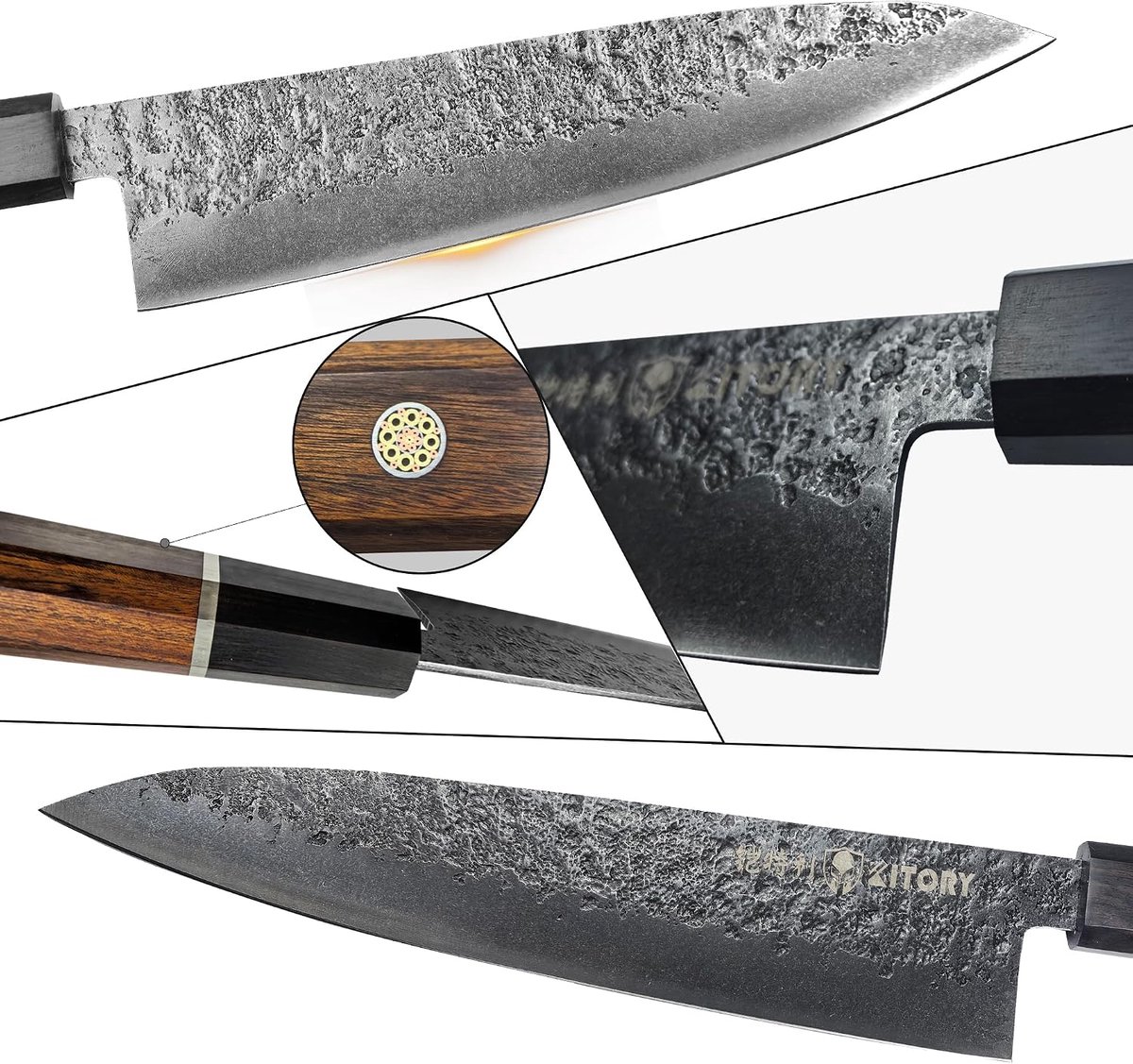 SnelShoppen - Kitory Japanse Gyutou Koksmes 20 cm - Professioneel Scherp Keukenmes met Elegante Afrikaanse Zwarte Houten Handgreep en Rode Rubber Kraa