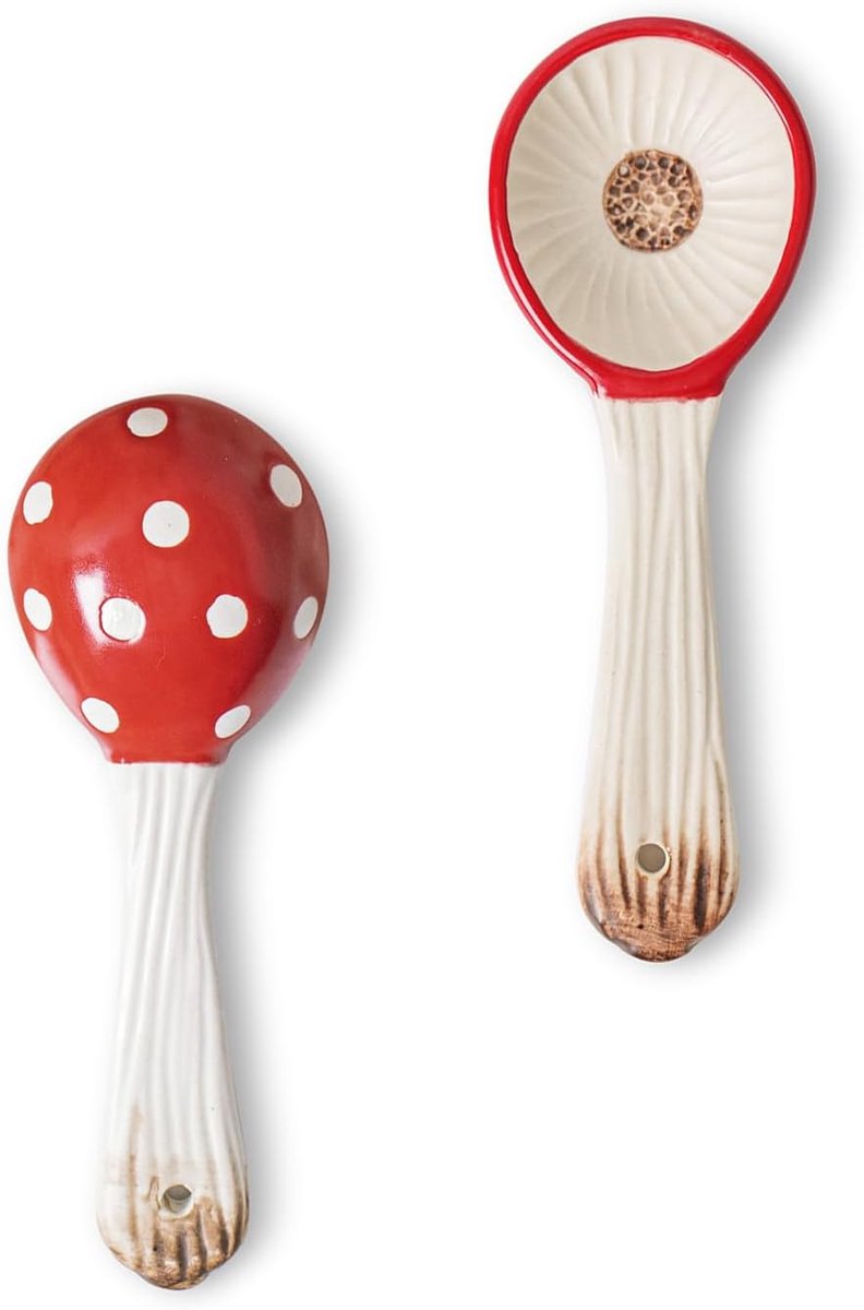 SnelShoppen - Set van 2 Schattige Paddenstoelen Lepels - Keramische Soeplepels voor Pasta, Dessert, Ontbijt, Soep - Handgeglazuurd Rood, Polka Dot Des