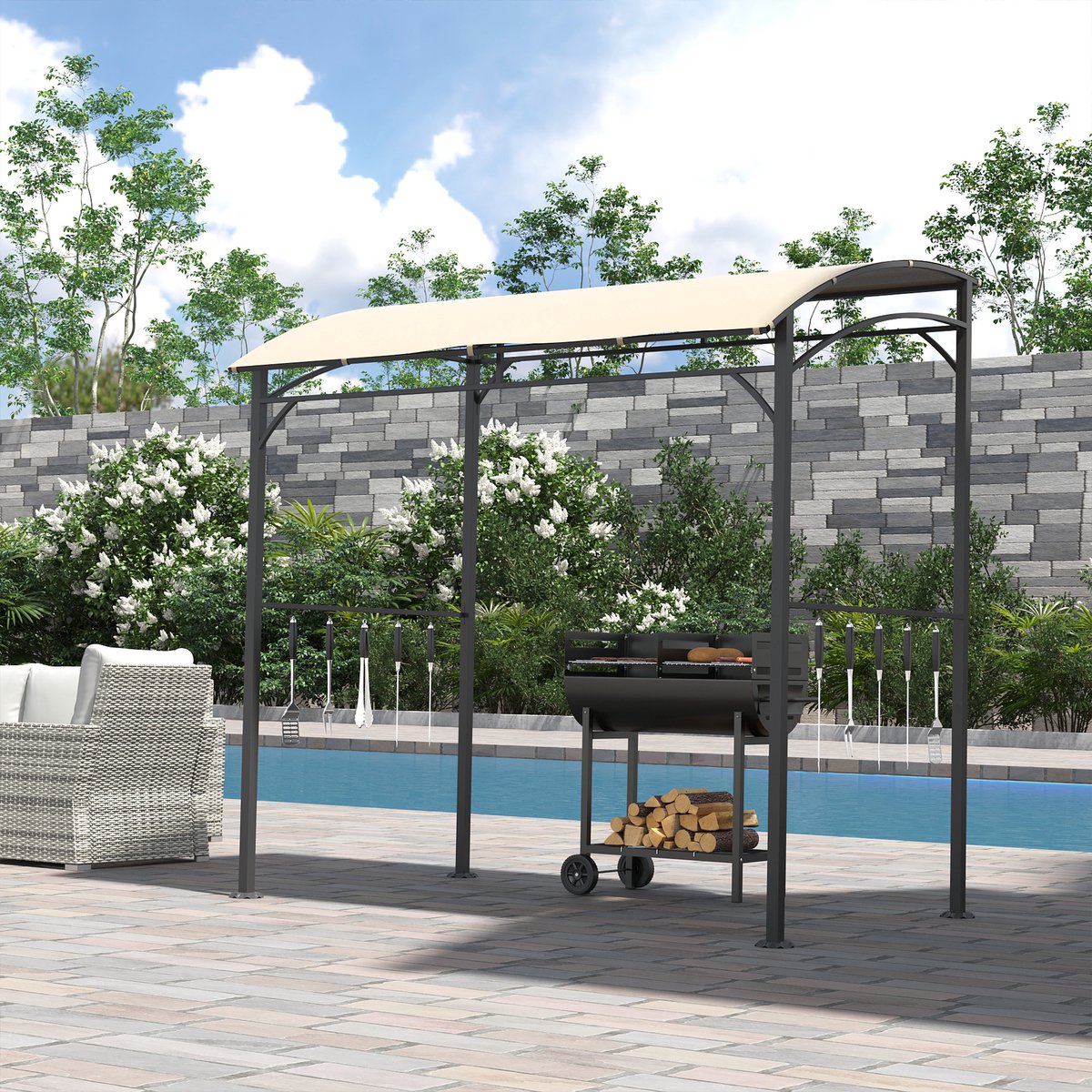 FloraGrace Barbecue Overkapping - UV Bestendig - 215 x 150 x 220 cm - Staal En Polyester - Beige - Met 10 Haken Voor Buiten Koken