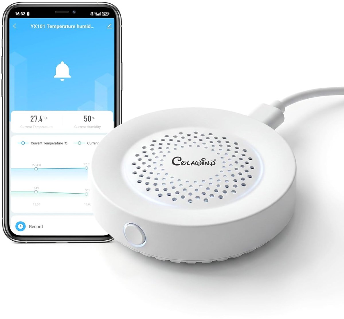 SnelShoppen - WiFi Temperatuur en Vochtigheid Sensor met 100dB Sirene Alarm, Slimme Thermometer Hygrometer voor Binnen, Babykamer, Kwekerij, Wijnkelde