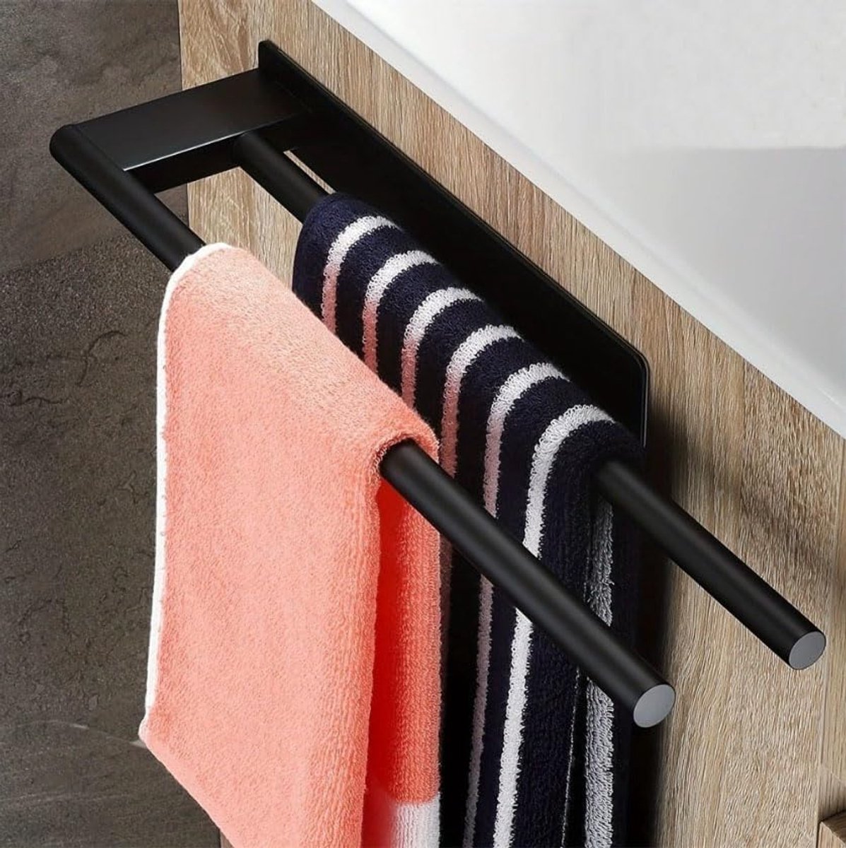 SnelShoppen - Badhanddoekhouder zonder boren, zwart, twee-armige handdoekrails, zelfklevend 304 roestvrij staal handdoekhouder voor badkamer en keuken