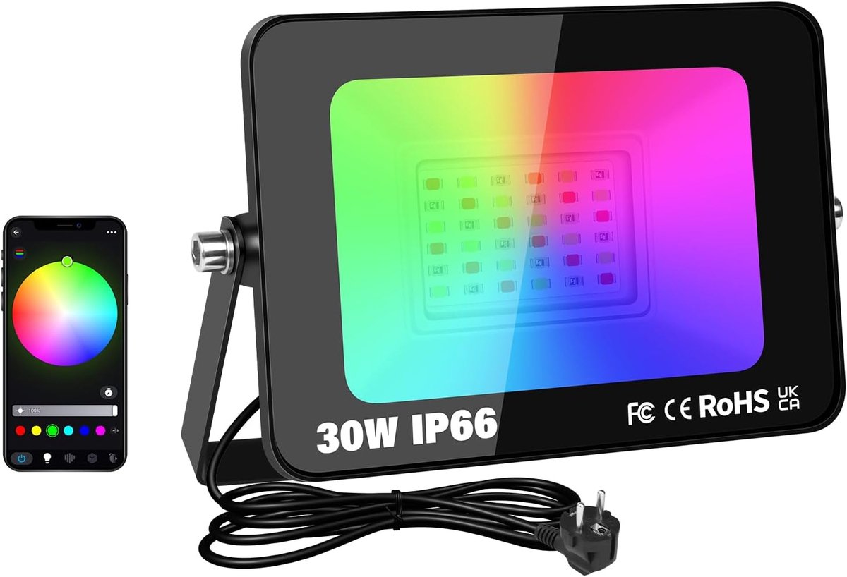 SnelShoppen - 30W Smart Outdoor RGB LED Flood Light met Stekker, APP Afstandsbediening, Dimbare Kleuren voor Tuin, Courtyard, Landschap, Feest en Deco