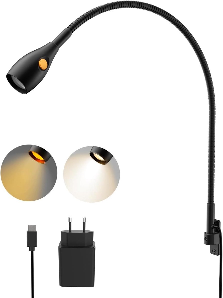 Wandlamp voor lezen met dimfunctie, 3000K amberkleurig licht, flexibele hals en draaibare 