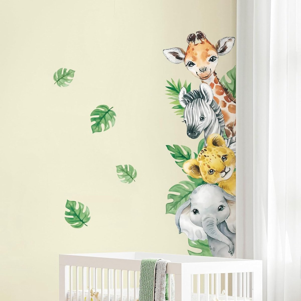 SnelShoppen - Jungle Dieren Wandstickers - Cartoon Muurstickers voor Kinderkamer - Giraffe, Zebra & Groene Bladeren - Waterdicht en Verwijderbaar - Pe