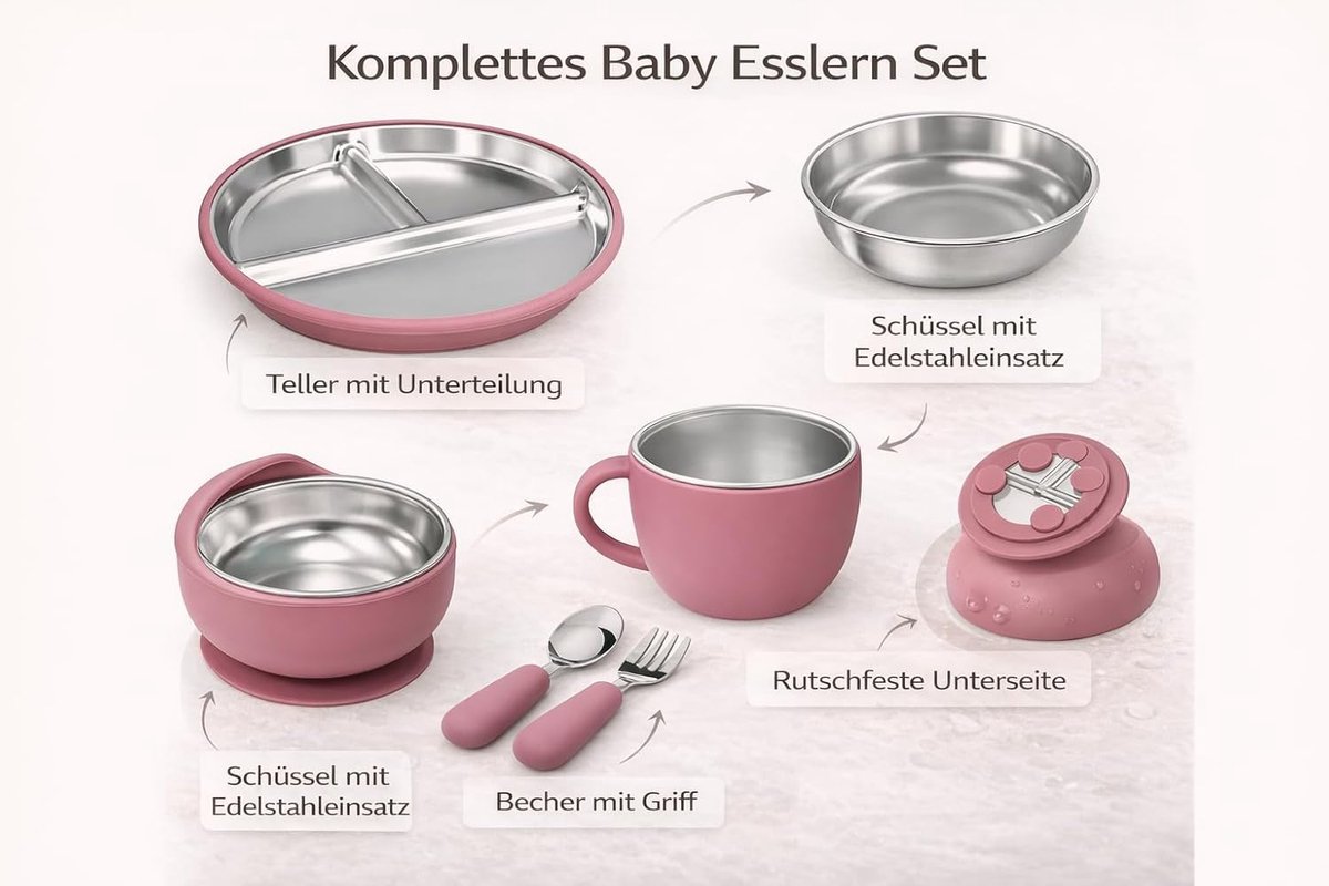 SnelShoppen - Silicone en RVS 304 Babyvoedingsset - BPA-vrij - Bord, Kom, Beker, Lepel en Vork - Verwijderbare RVS Inzet - Veilig voor Baby's en Peute